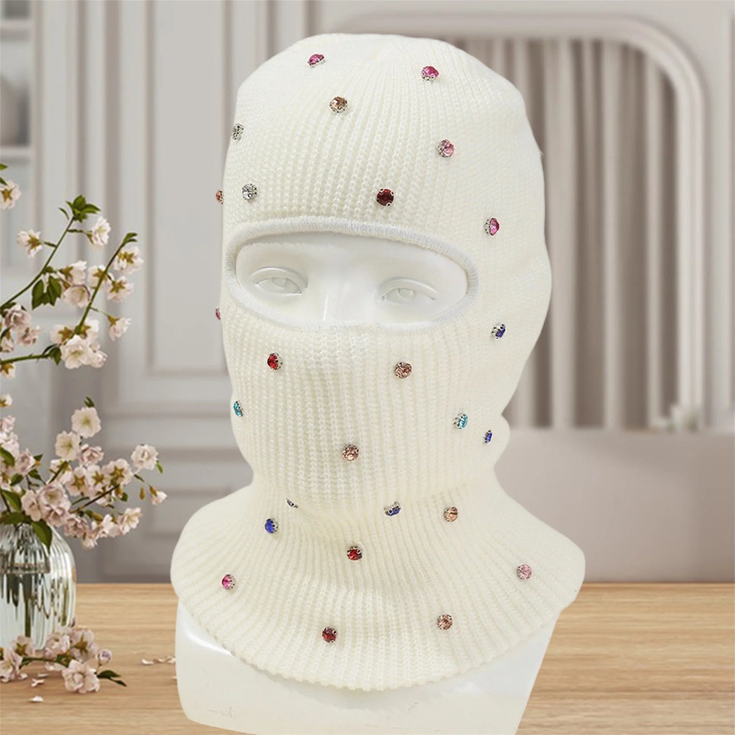 NONECN Winter Crystal Embellished Cozy Fleece Lined Balaclava