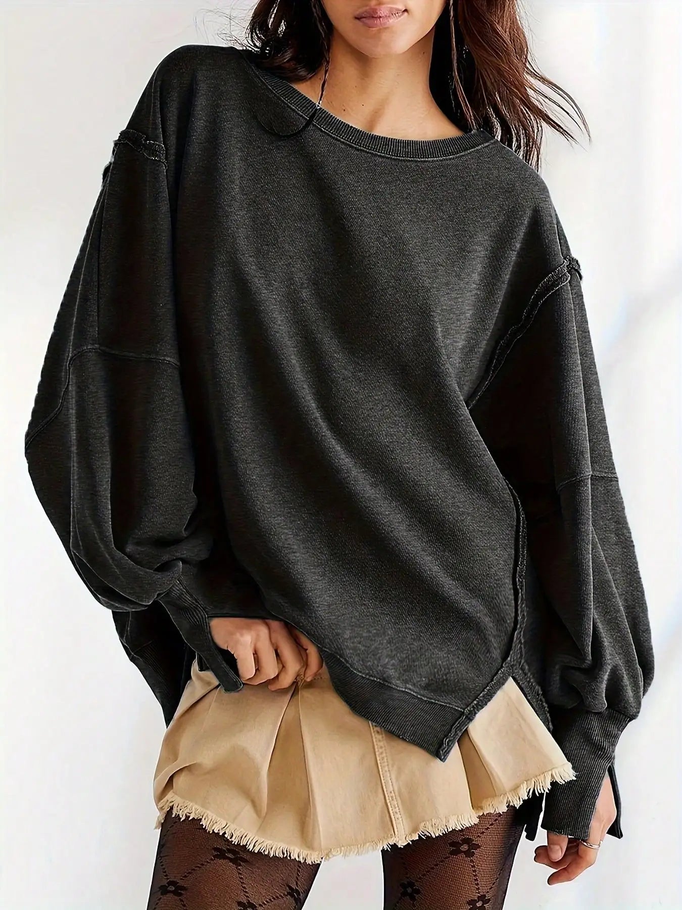Women Long Sleeve Casual Top Striped Crew Neck Loose Fit Pullover Side Slits Polyester