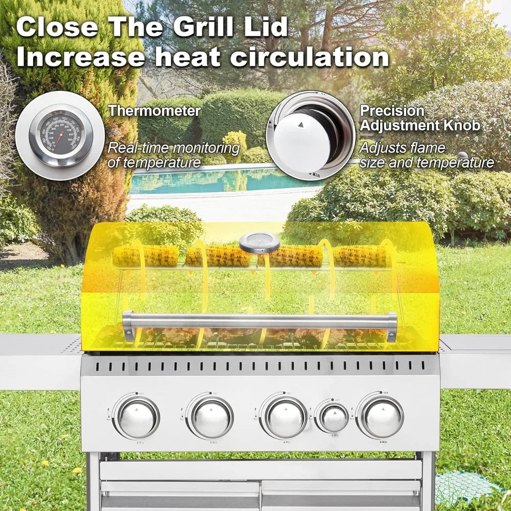 Stainless Steel 4 Burner Propane Grill With Cast Iron Grates