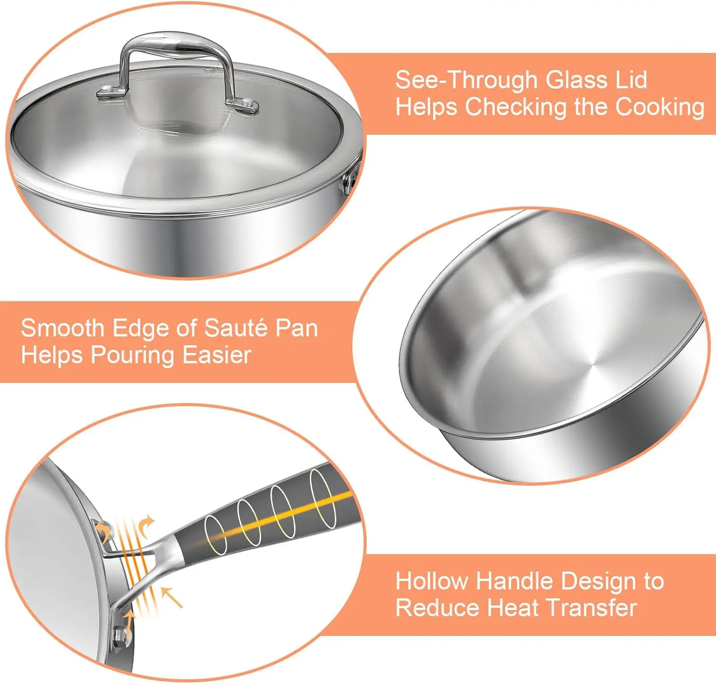 XMSJ Tri Ply Stainless Steel Frying Pan Deep Induction Compatible Oven and Dishwasher Safe