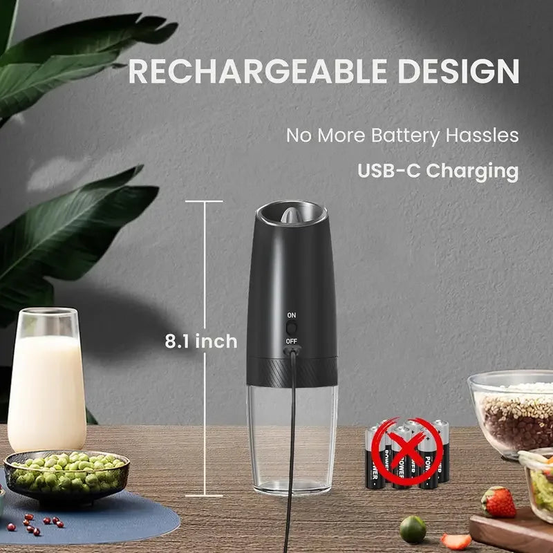 Broncho Gravity Salt and Pepper Grinder Set USB Rechargeable 2-Pack