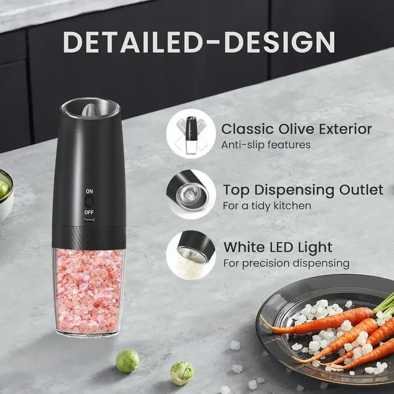Broncho Gravity Salt and Pepper Grinder Set USB Rechargeable 2-Pack