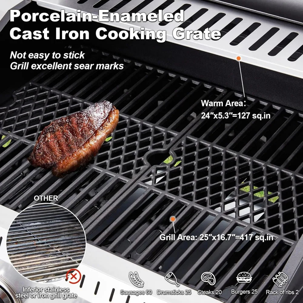 Stainless Steel 4 Burner Propane Grill With Cast Iron Grates