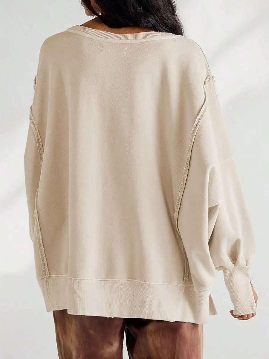 Women Long Sleeve Casual Top Striped Crew Neck Loose Fit Pullover Side Slits Polyester