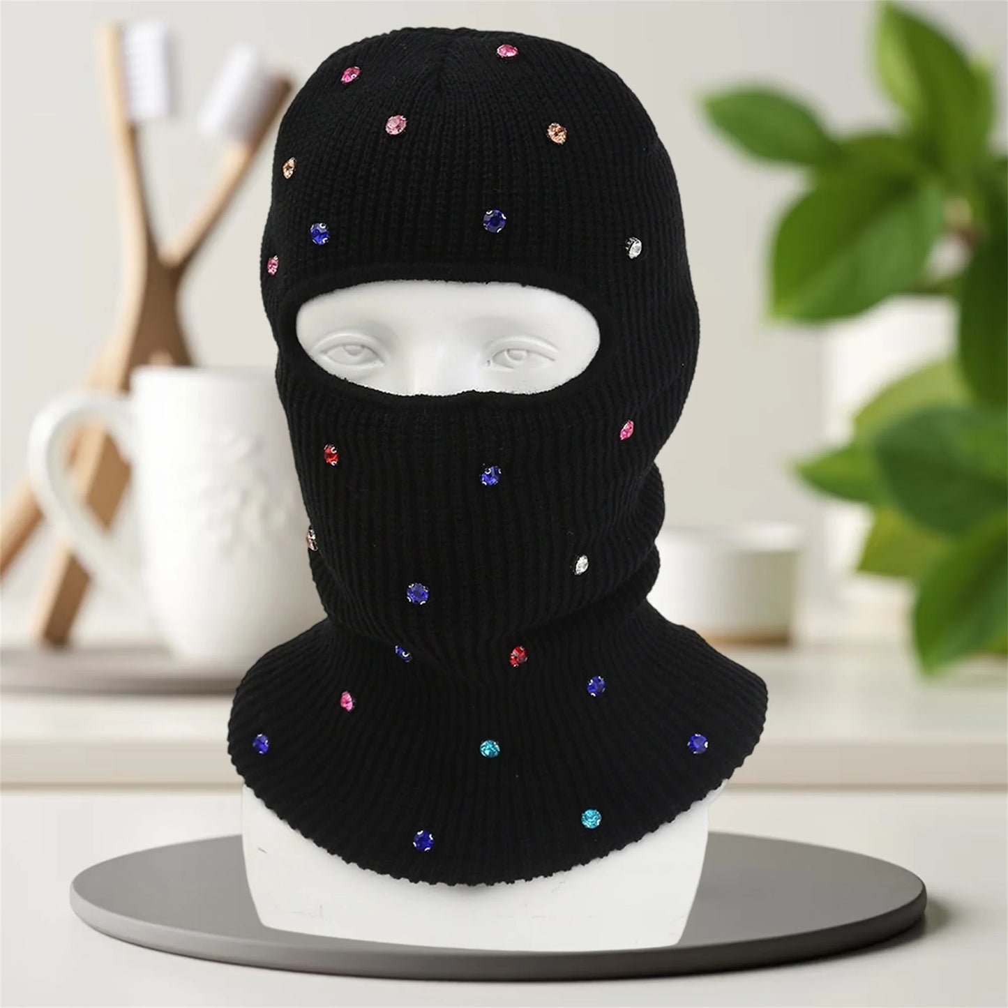 NONECN Winter Crystal Embellished Cozy Fleece Lined Balaclava