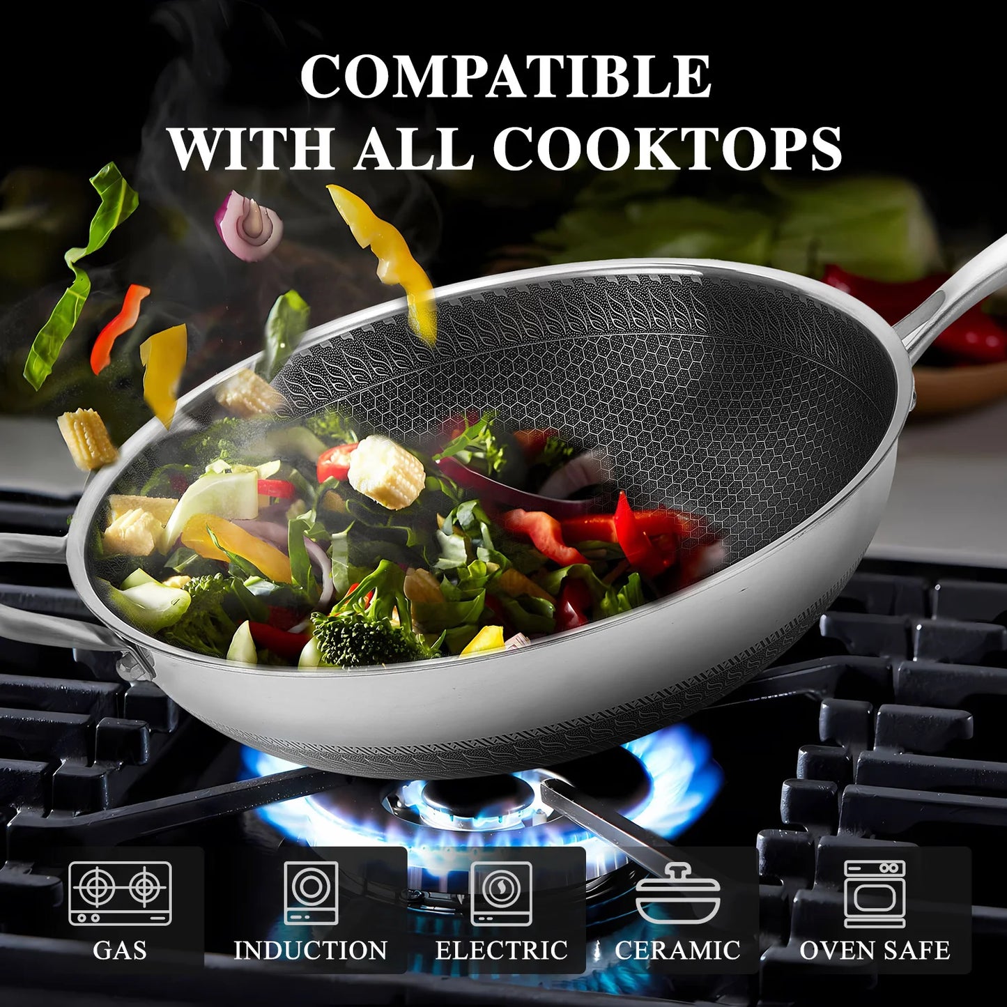 Hybrid Nonstick Wok Pan With Lid PFOA Free Stainless Steel
