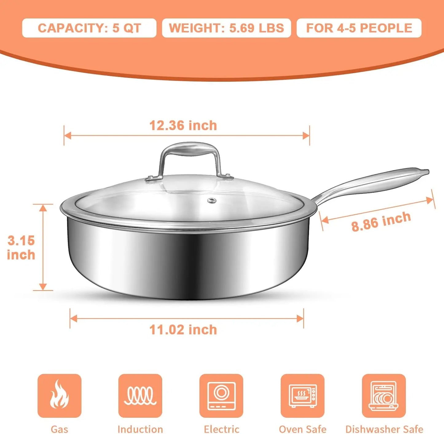 XMSJ Tri Ply Stainless Steel Frying Pan Deep Induction Compatible Oven and Dishwasher Safe