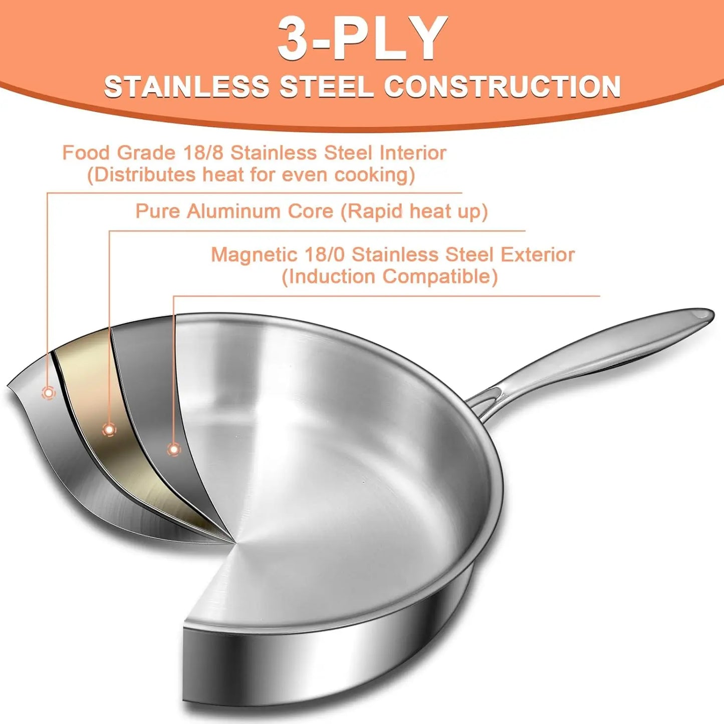 XMSJ Tri Ply Stainless Steel Frying Pan Deep Induction Compatible Oven and Dishwasher Safe