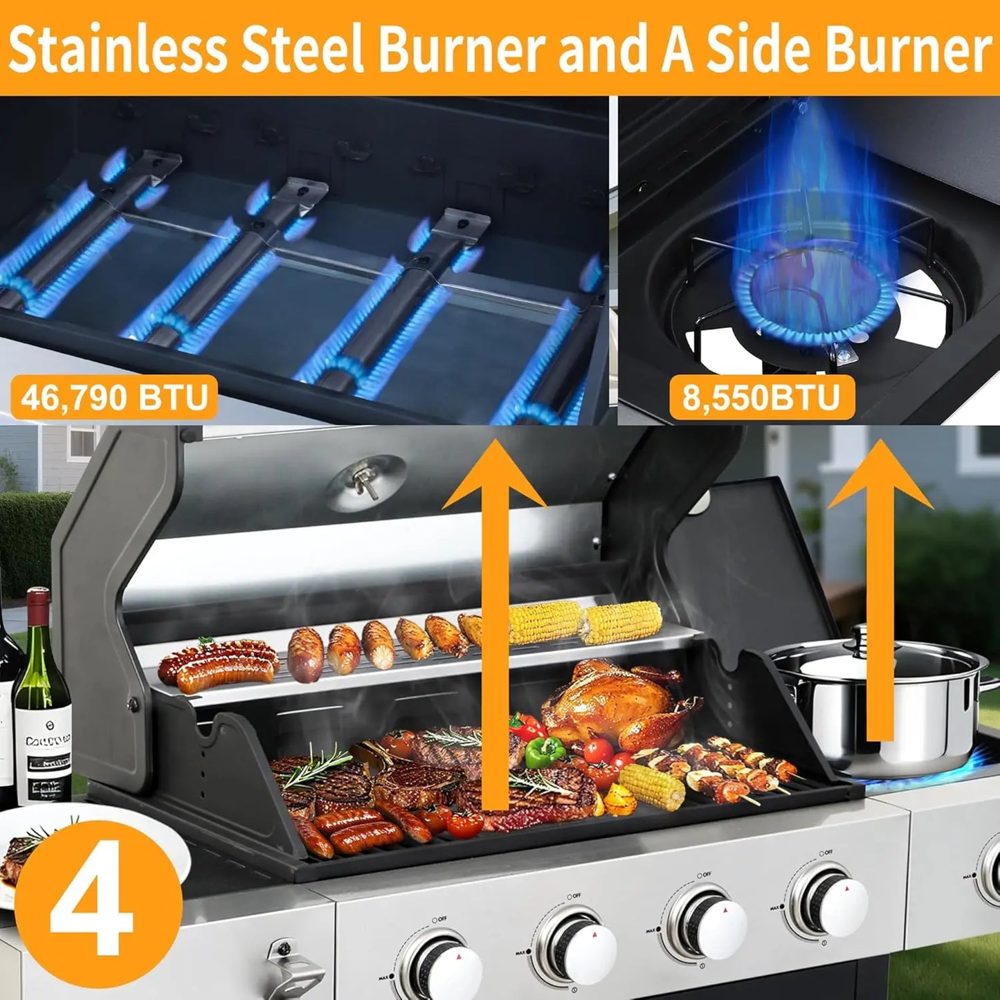 4 Burner Propane Gas BBQ Grill With Side Burner 46890 BTU Stainless Steel