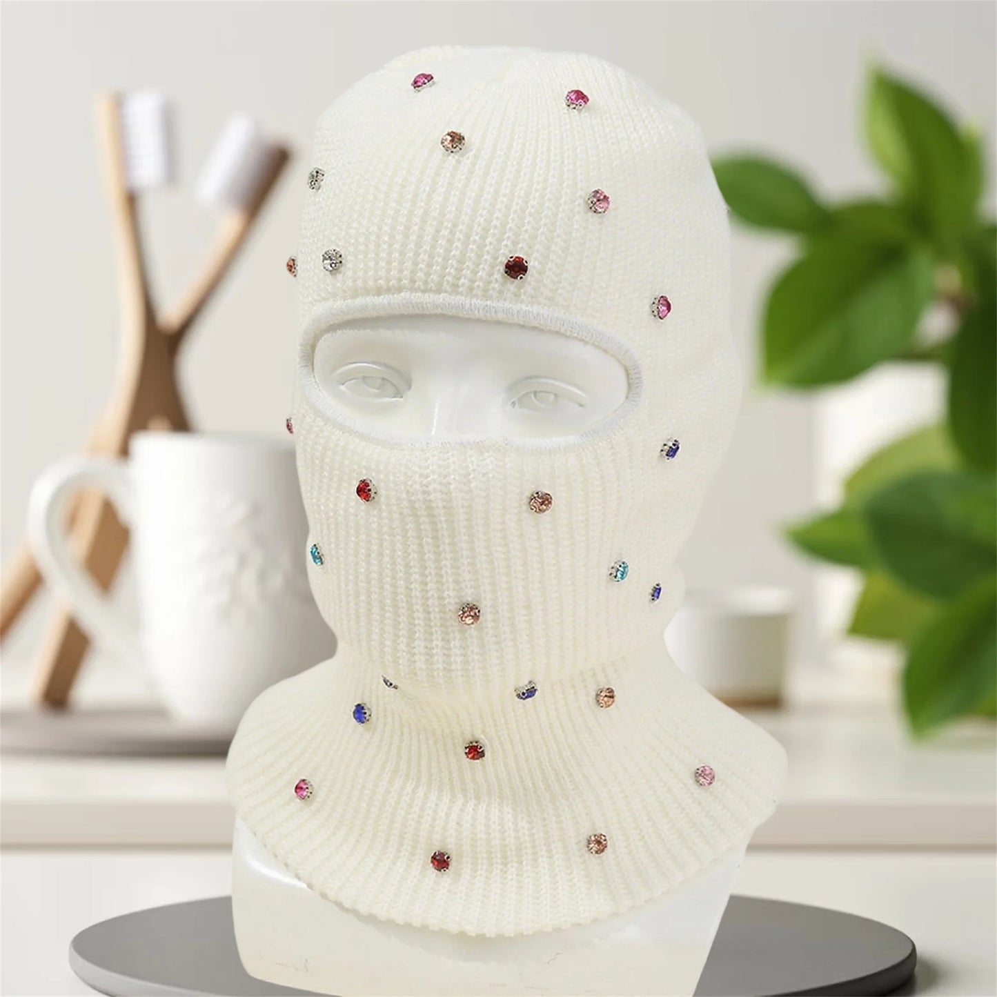 NONECN Winter Crystal Embellished Cozy Fleece Lined Balaclava