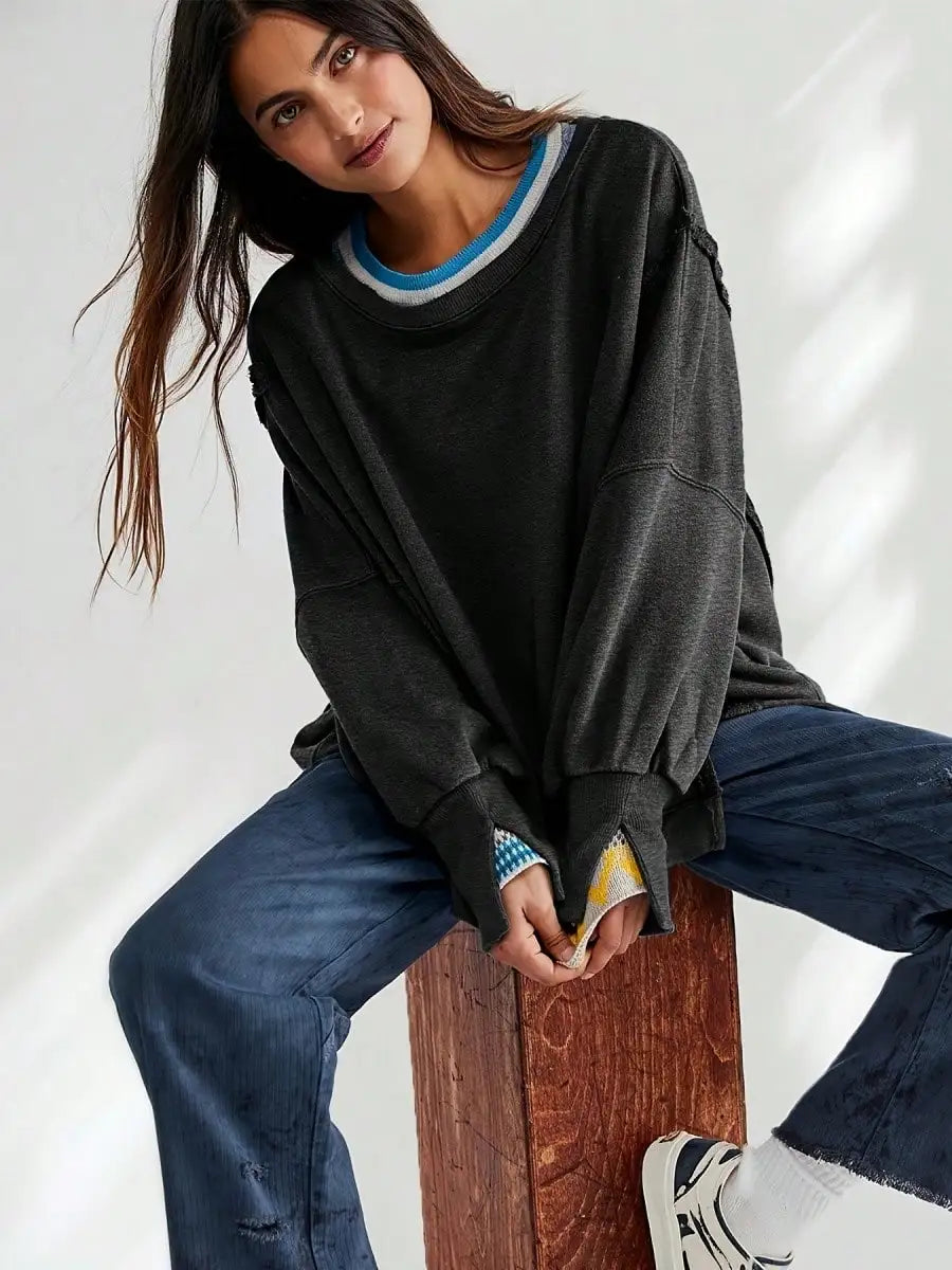 Women Long Sleeve Casual Top Striped Crew Neck Loose Fit Pullover Side Slits Polyester