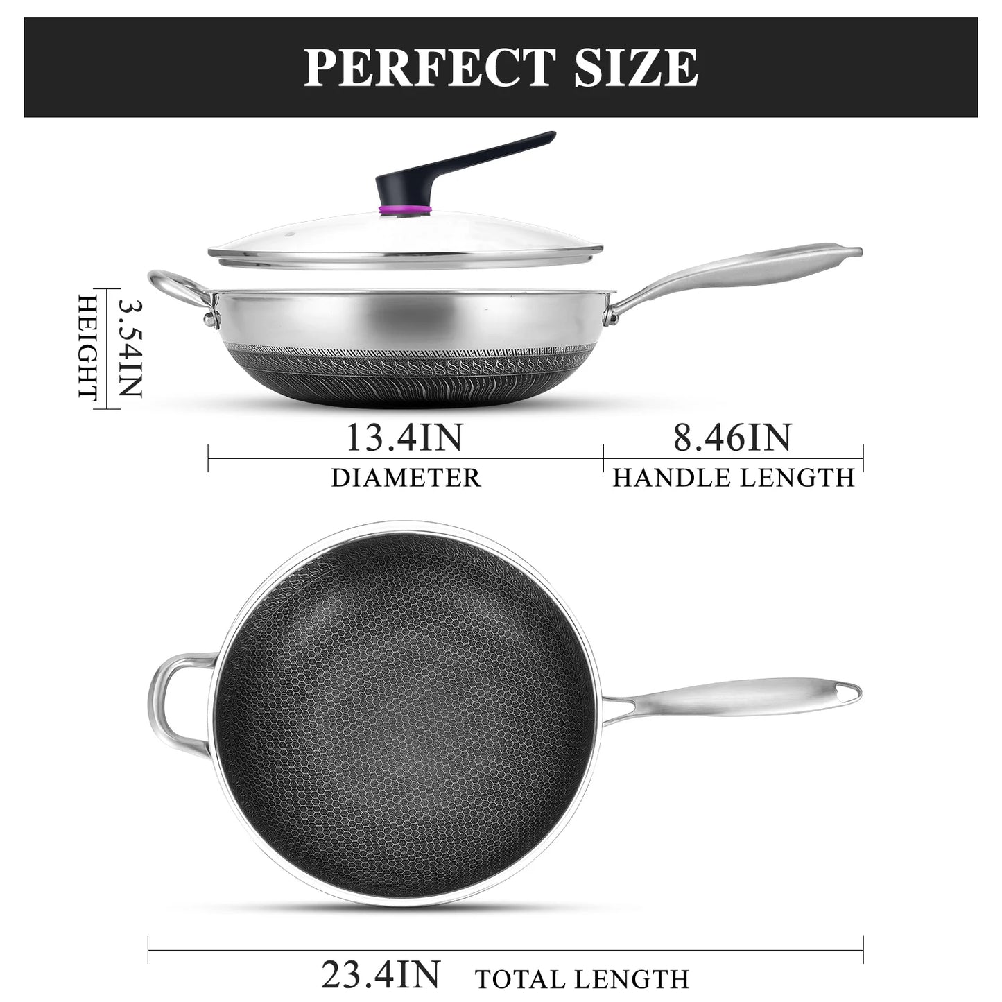 Hybrid Nonstick Wok Pan With Lid PFOA Free Stainless Steel