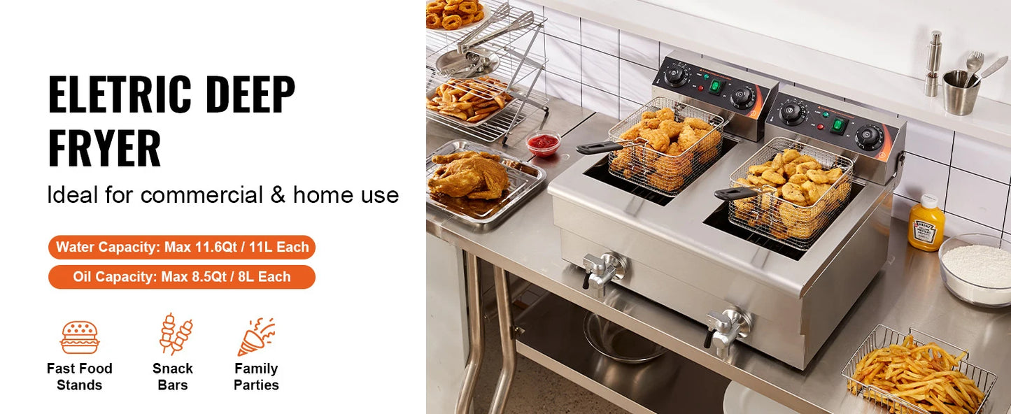 SucceBuy Electric Deep Fryer With Dual Removable Tanks For Commercial Countertop