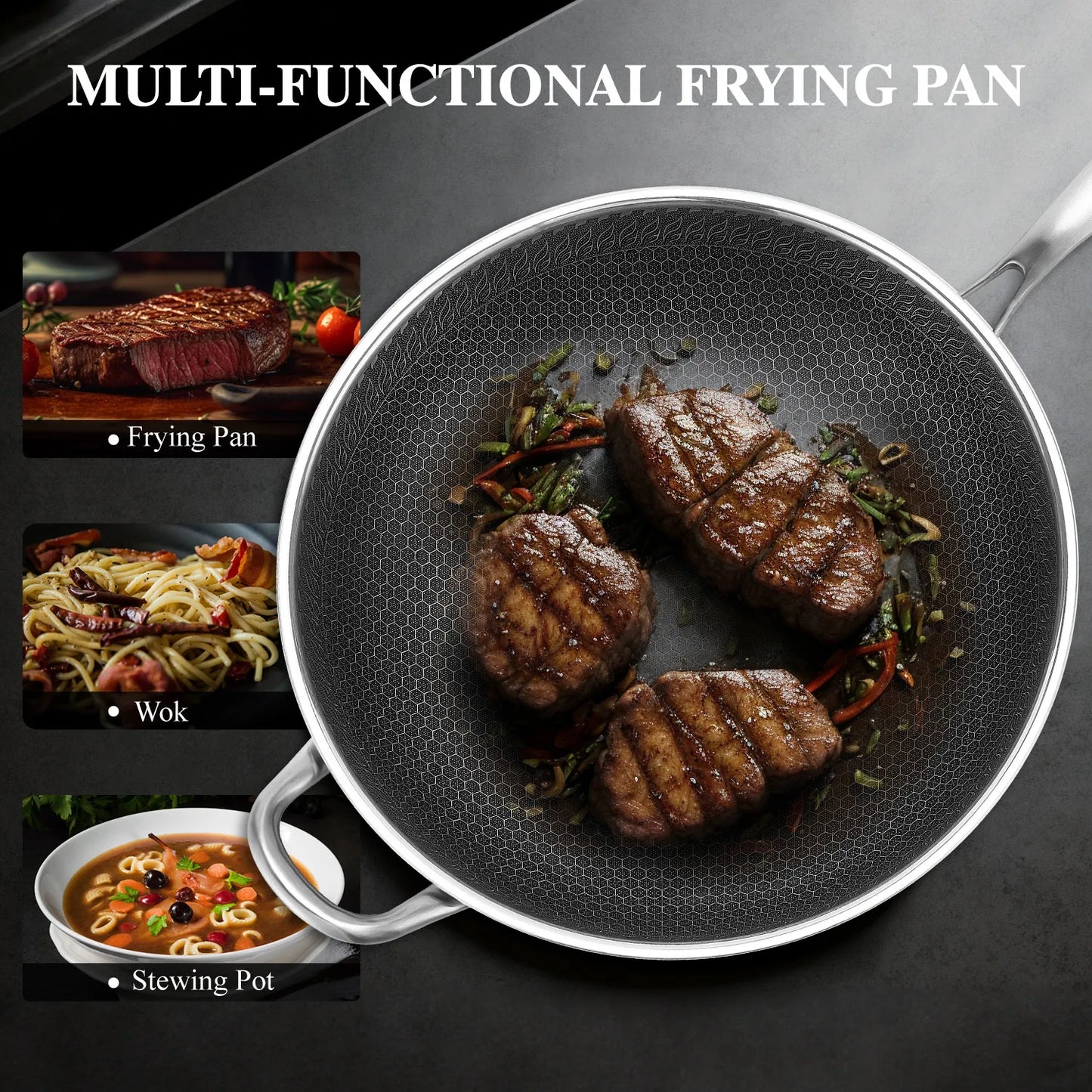 Hybrid Nonstick Wok Pan With Lid PFOA Free Stainless Steel