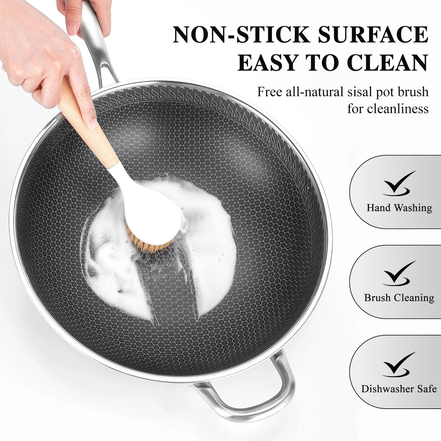 Hybrid Nonstick Wok Pan With Lid PFOA Free Stainless Steel