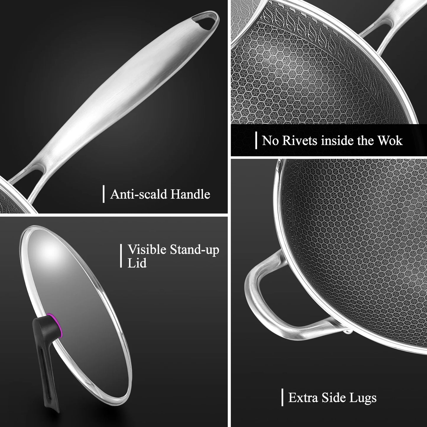 Hybrid Nonstick Wok Pan With Lid PFOA Free Stainless Steel
