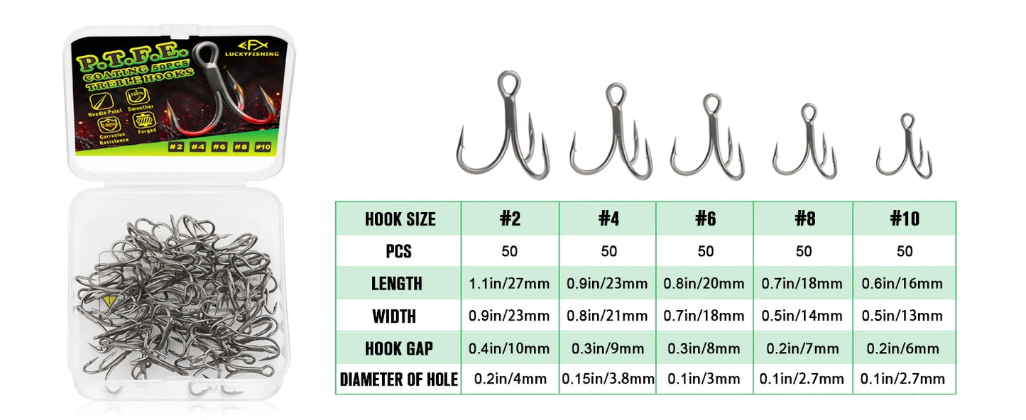 DOVESUN Treble Hooks PTFE Coating 50pcs Saltwater Freshwater