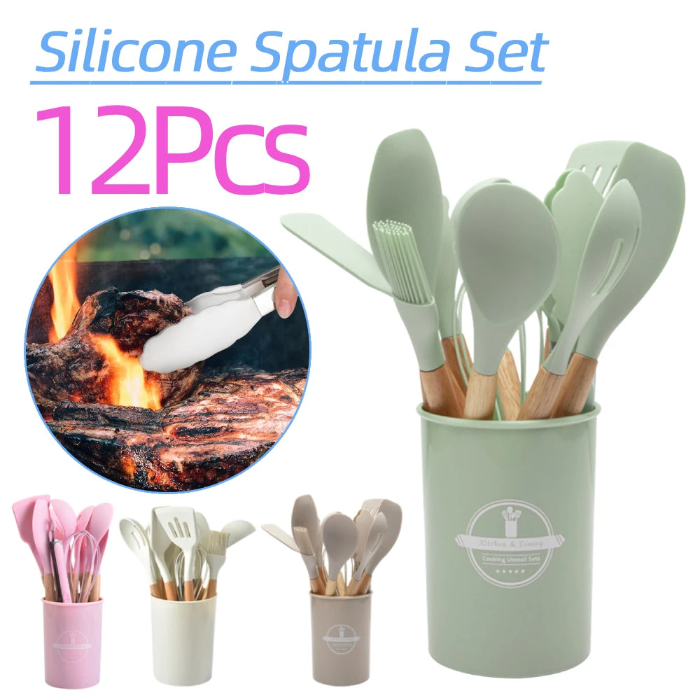 Shunmaii Silicone Spatula Kitchen Utensil Set Wooden Handles Non Stick