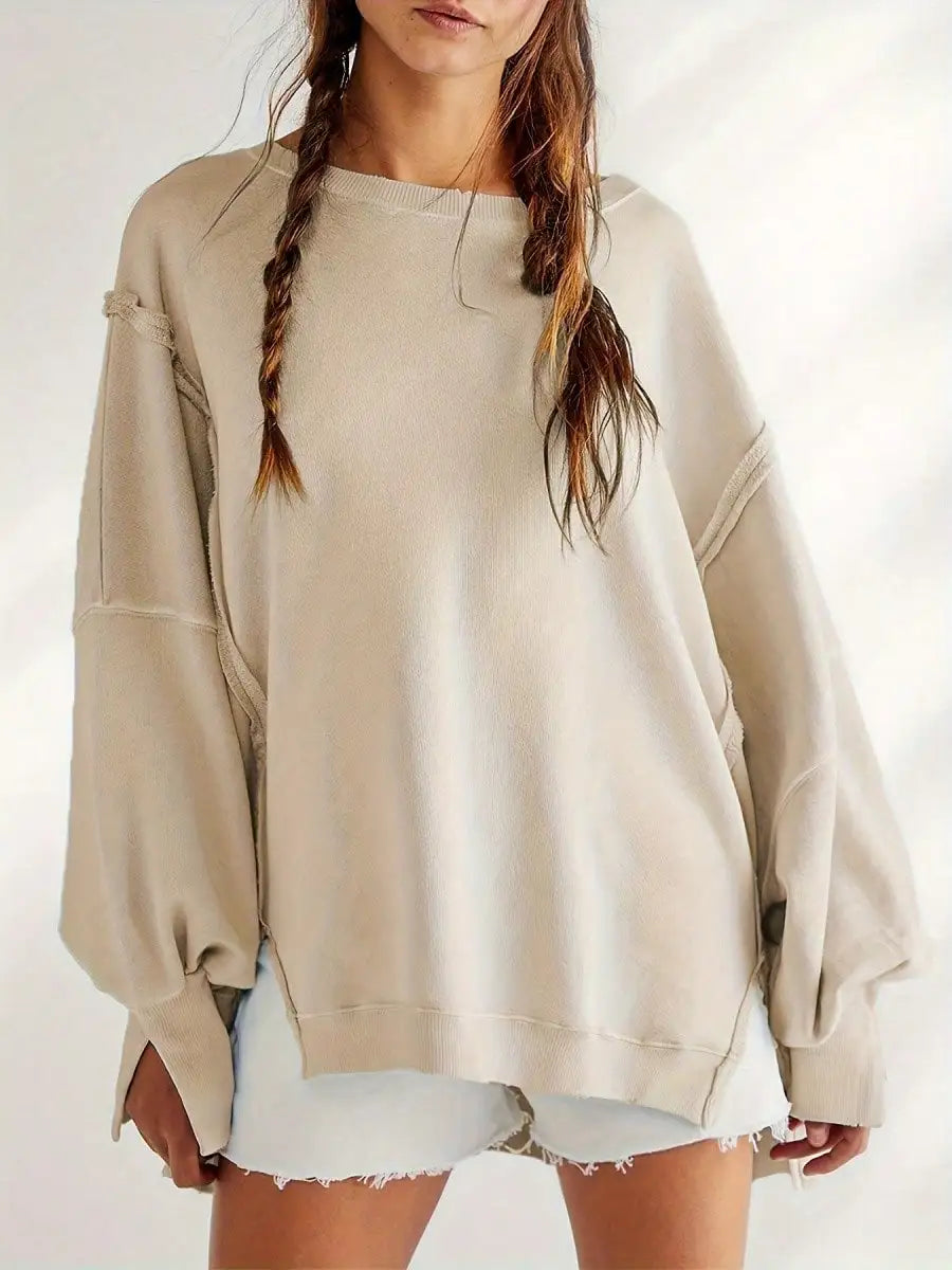 Women Long Sleeve Casual Top Striped Crew Neck Loose Fit Pullover Side Slits Polyester