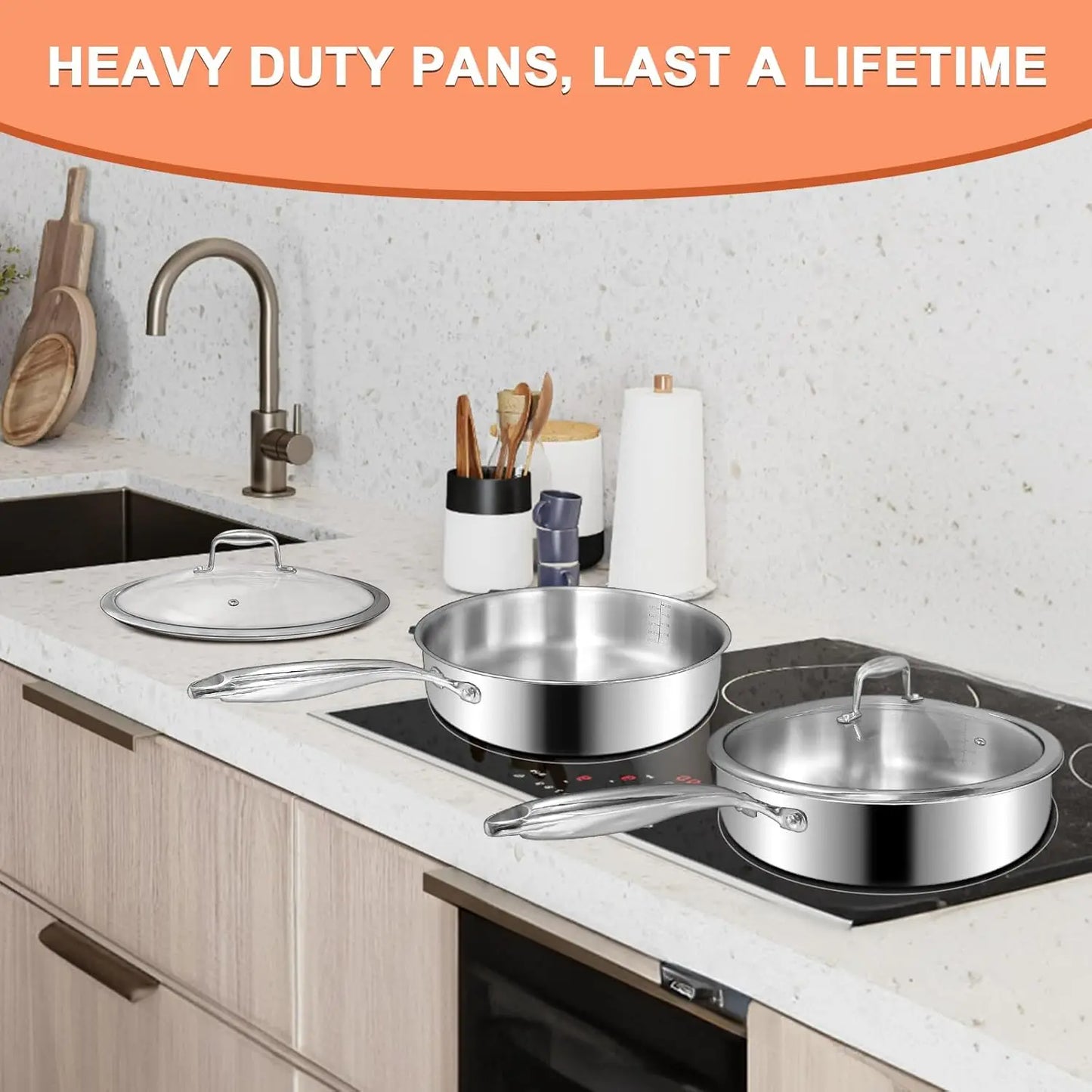 XMSJ Tri Ply Stainless Steel Frying Pan Deep Induction Compatible Oven and Dishwasher Safe