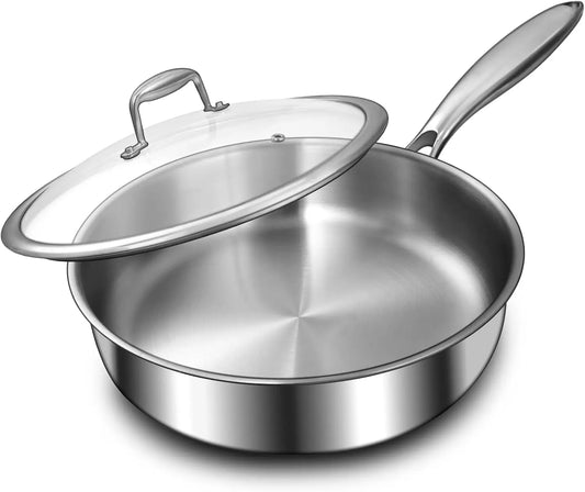XMSJ Tri Ply Stainless Steel Frying Pan Deep Induction Compatible Oven and Dishwasher Safe