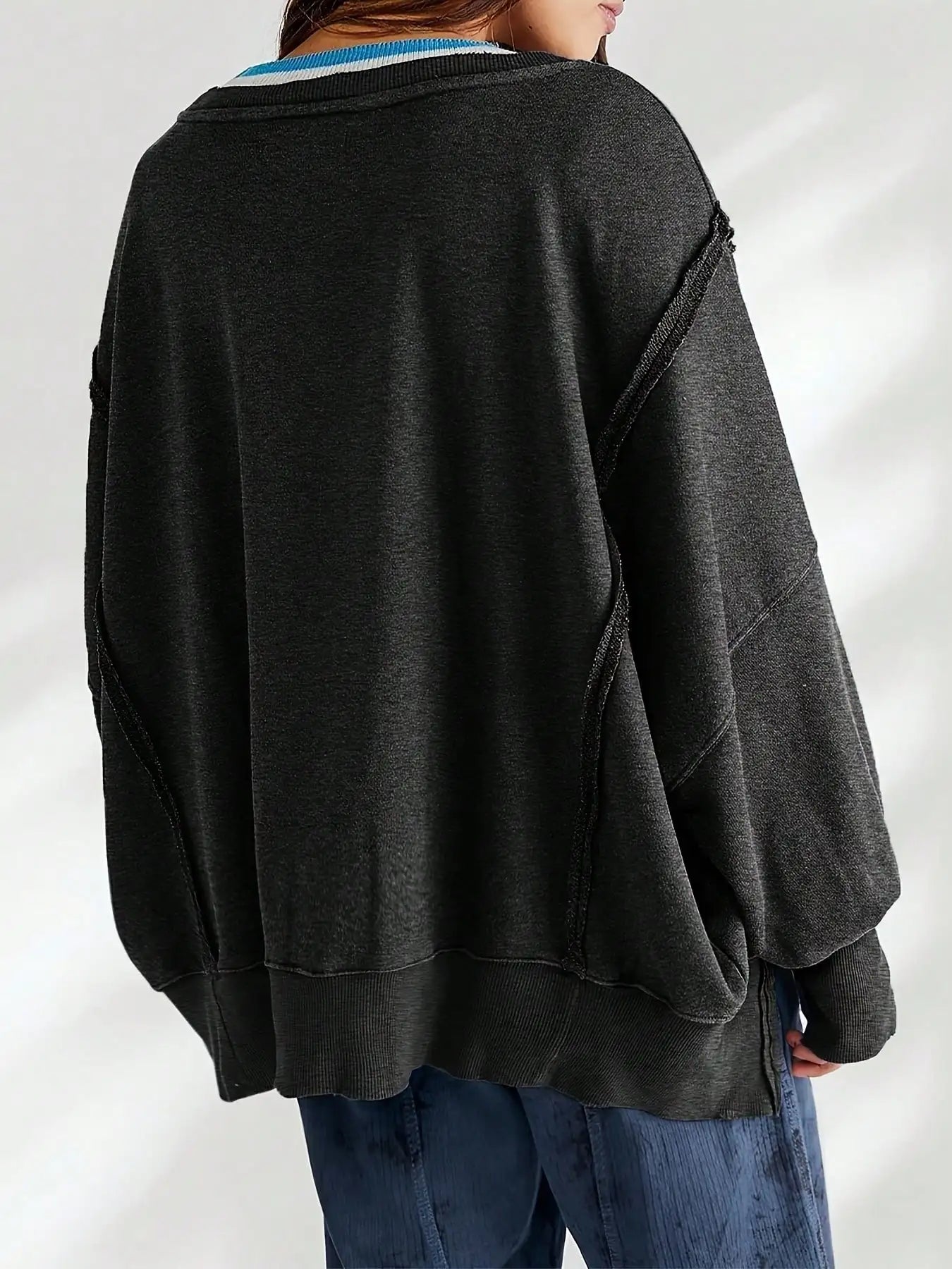 Women Long Sleeve Casual Top Striped Crew Neck Loose Fit Pullover Side Slits Polyester