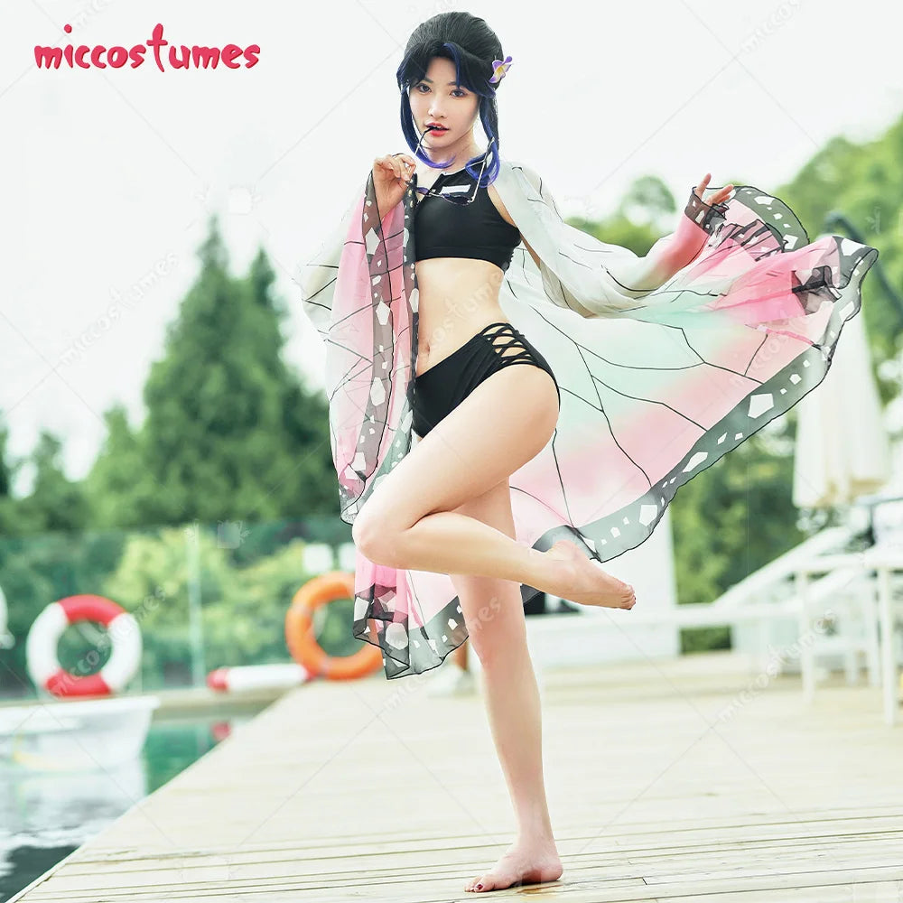 Women Two Piece Butterfly Print Kimono Haori Cover Up Swimsuit
