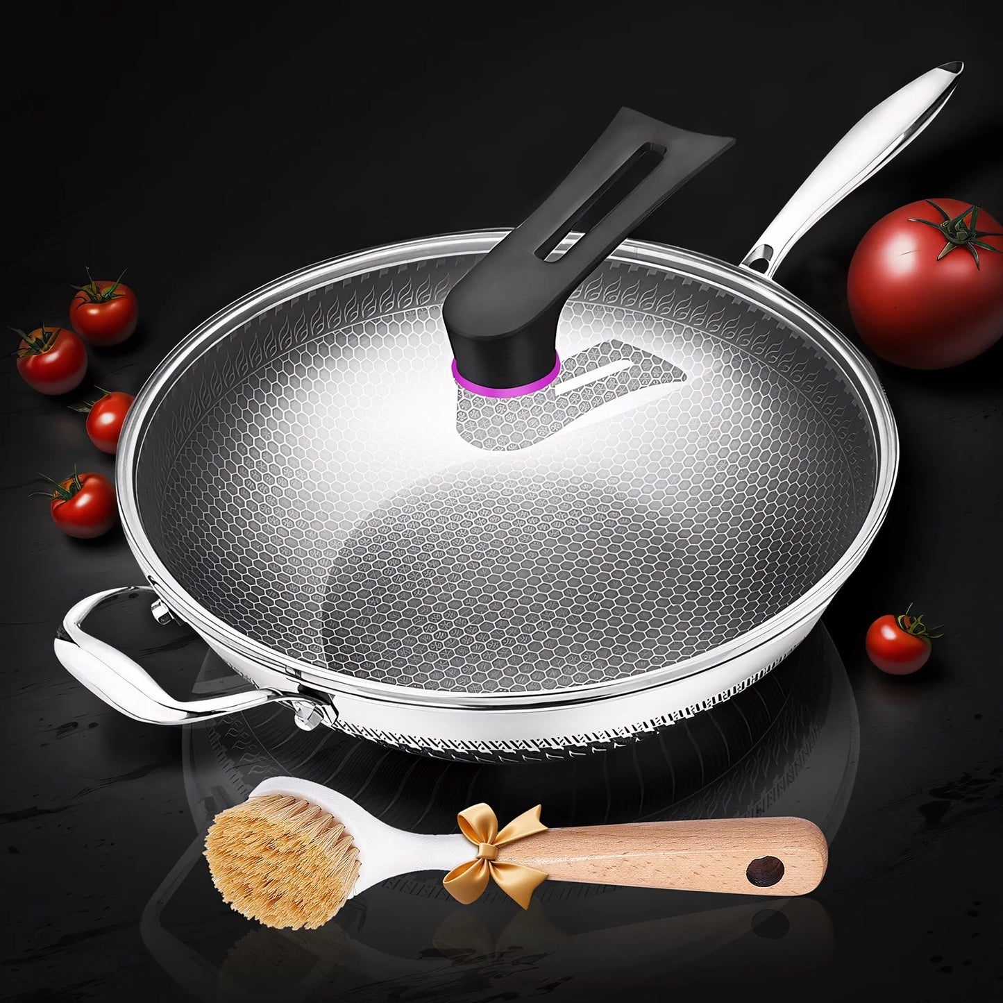 Hybrid Nonstick Wok Pan With Lid PFOA Free Stainless Steel