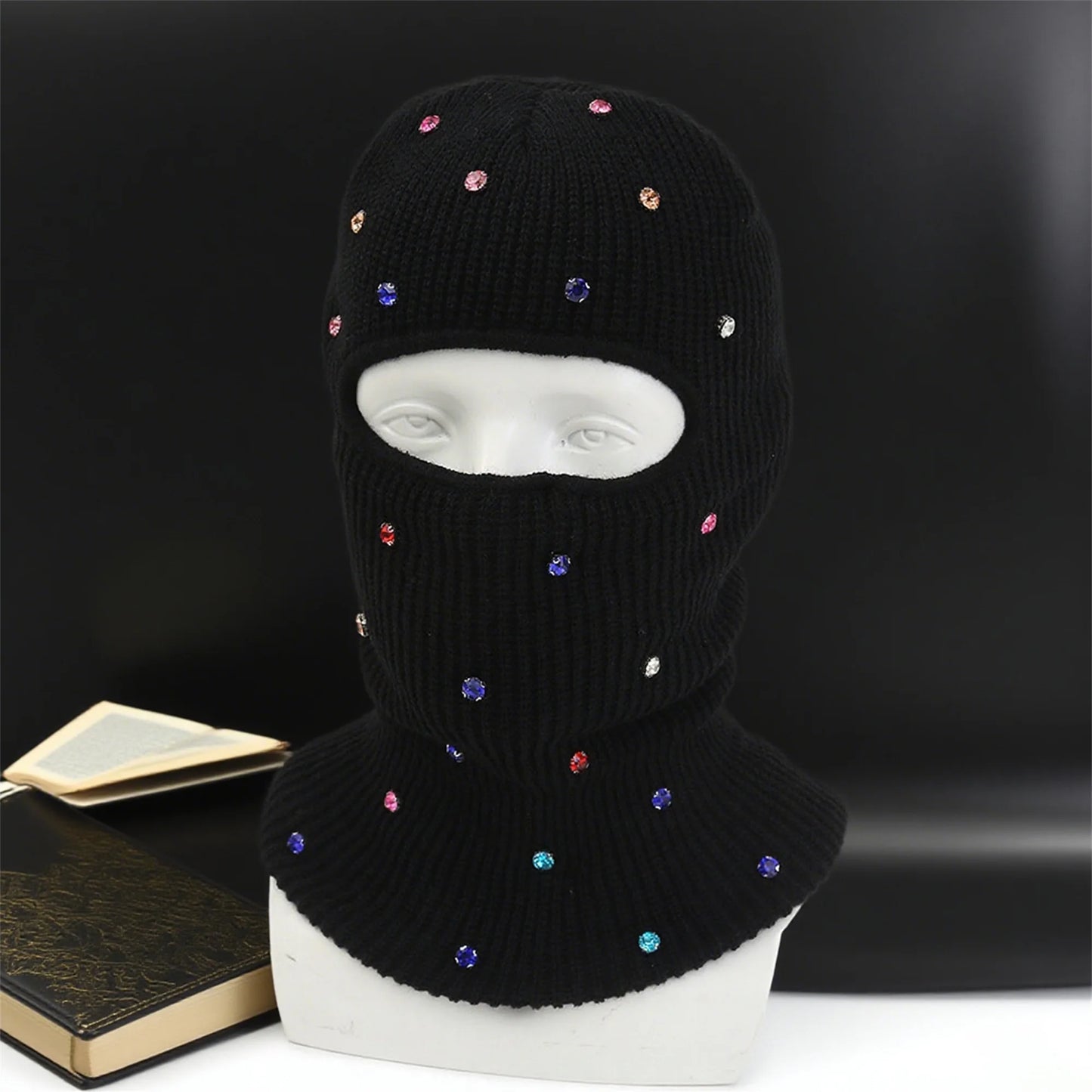 NONECN Winter Crystal Embellished Cozy Fleece Lined Balaclava