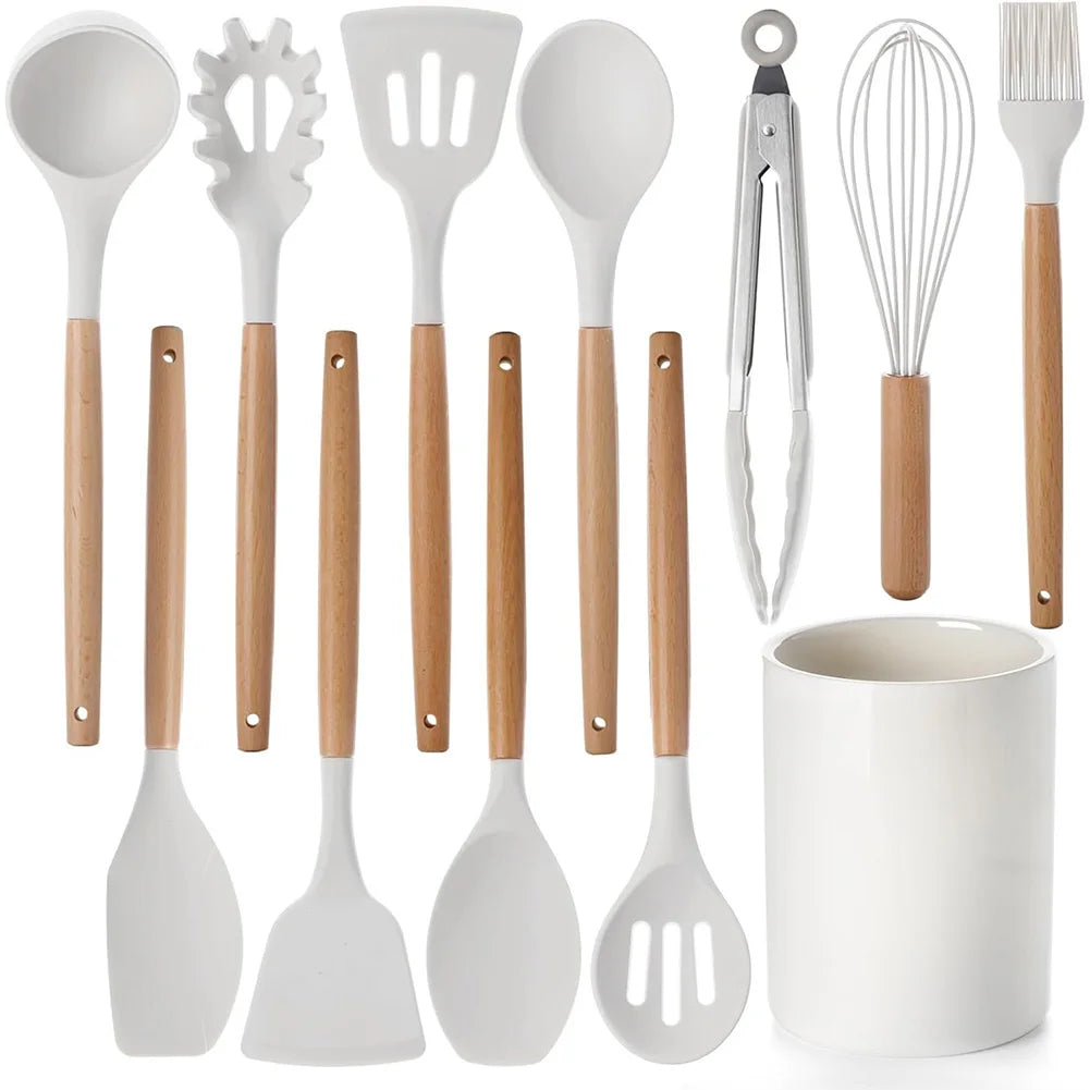 Shunmaii Silicone Spatula Kitchen Utensil Set Wooden Handles Non Stick