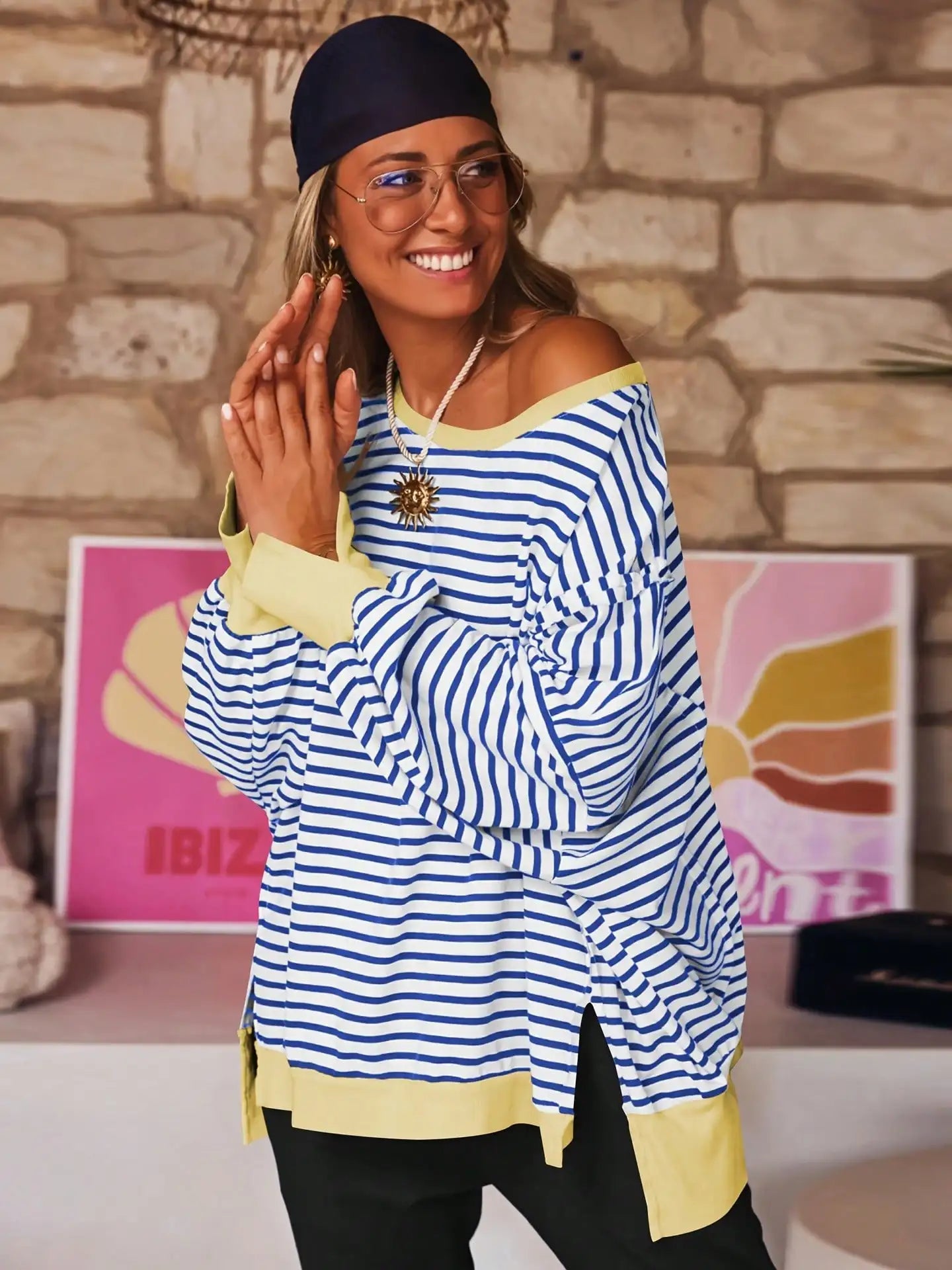 Women Long Sleeve Casual Top Striped Crew Neck Loose Fit Pullover Side Slits Polyester