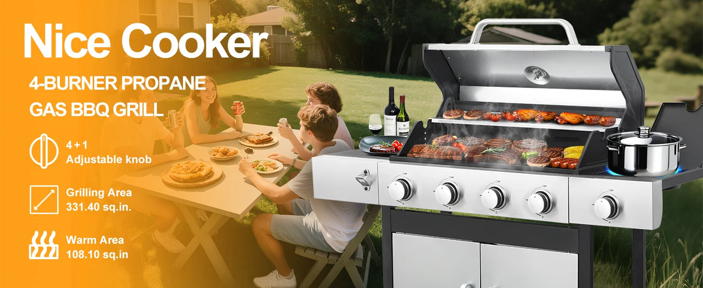 4 Burner Propane Gas BBQ Grill With Side Burner 46890 BTU Stainless Steel