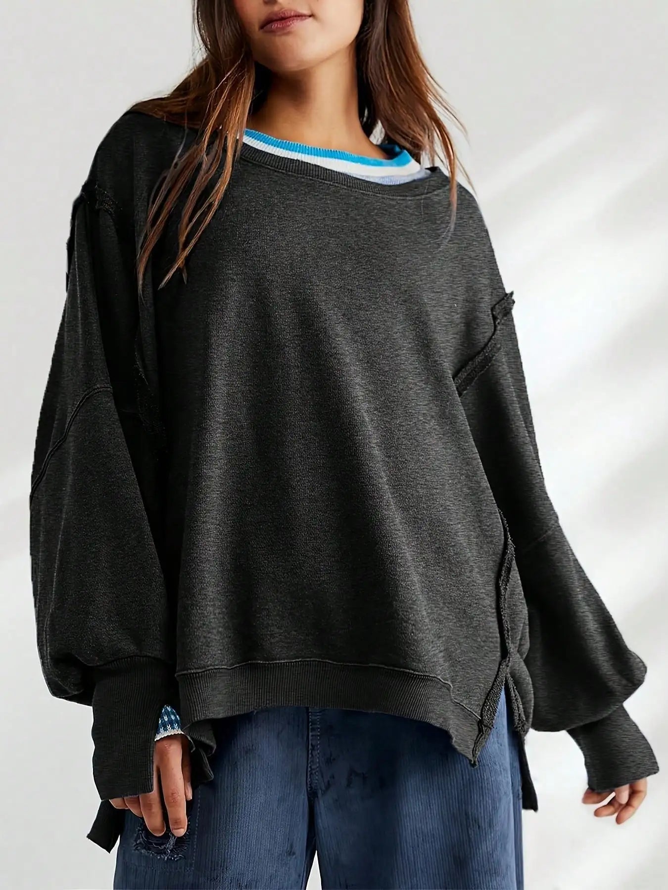 Women Long Sleeve Casual Top Striped Crew Neck Loose Fit Pullover Side Slits Polyester