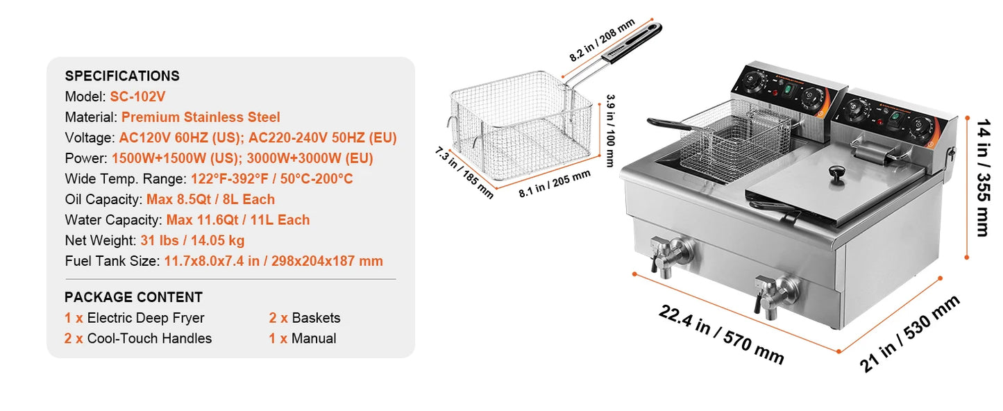SucceBuy Electric Deep Fryer With Dual Removable Tanks For Commercial Countertop