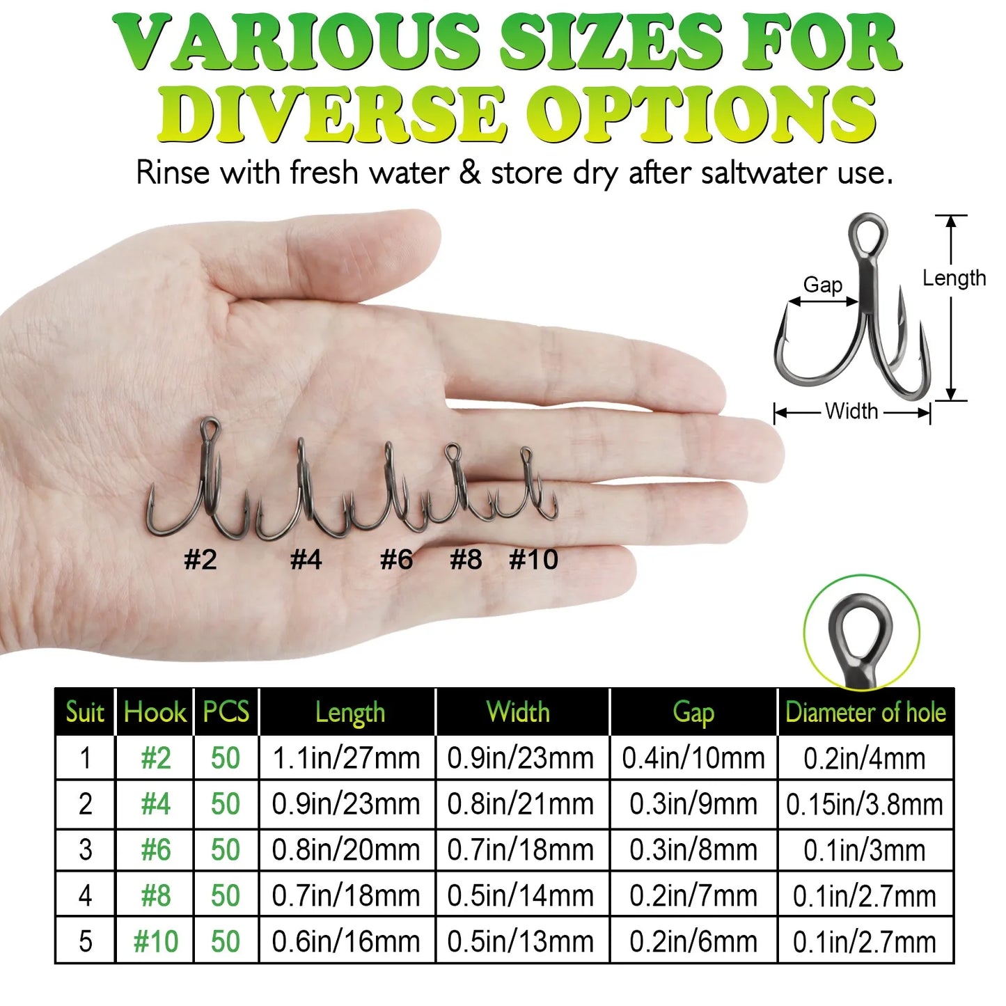 DOVESUN Treble Hooks PTFE Coating 50pcs Saltwater Freshwater