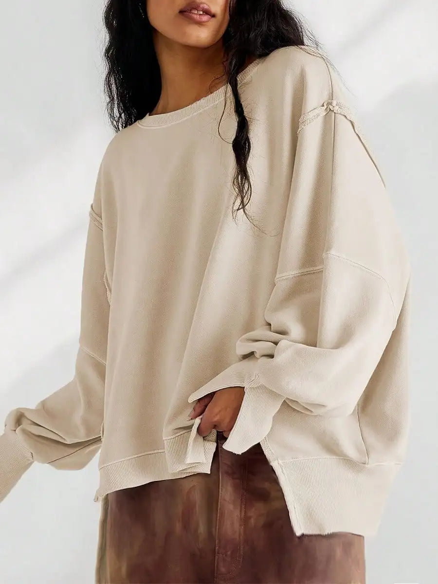 Women Long Sleeve Casual Top Striped Crew Neck Loose Fit Pullover Side Slits Polyester