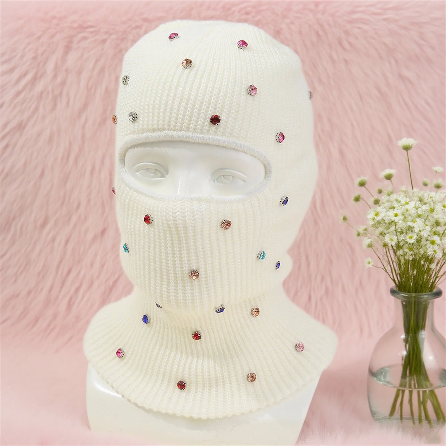 NONECN Winter Crystal Embellished Cozy Fleece Lined Balaclava