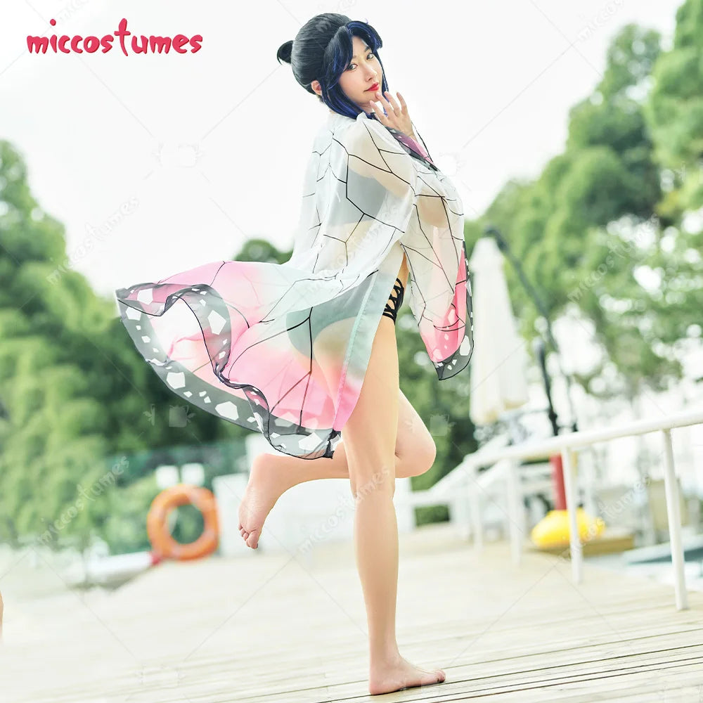 Women Two Piece Butterfly Print Kimono Haori Cover Up Swimsuit