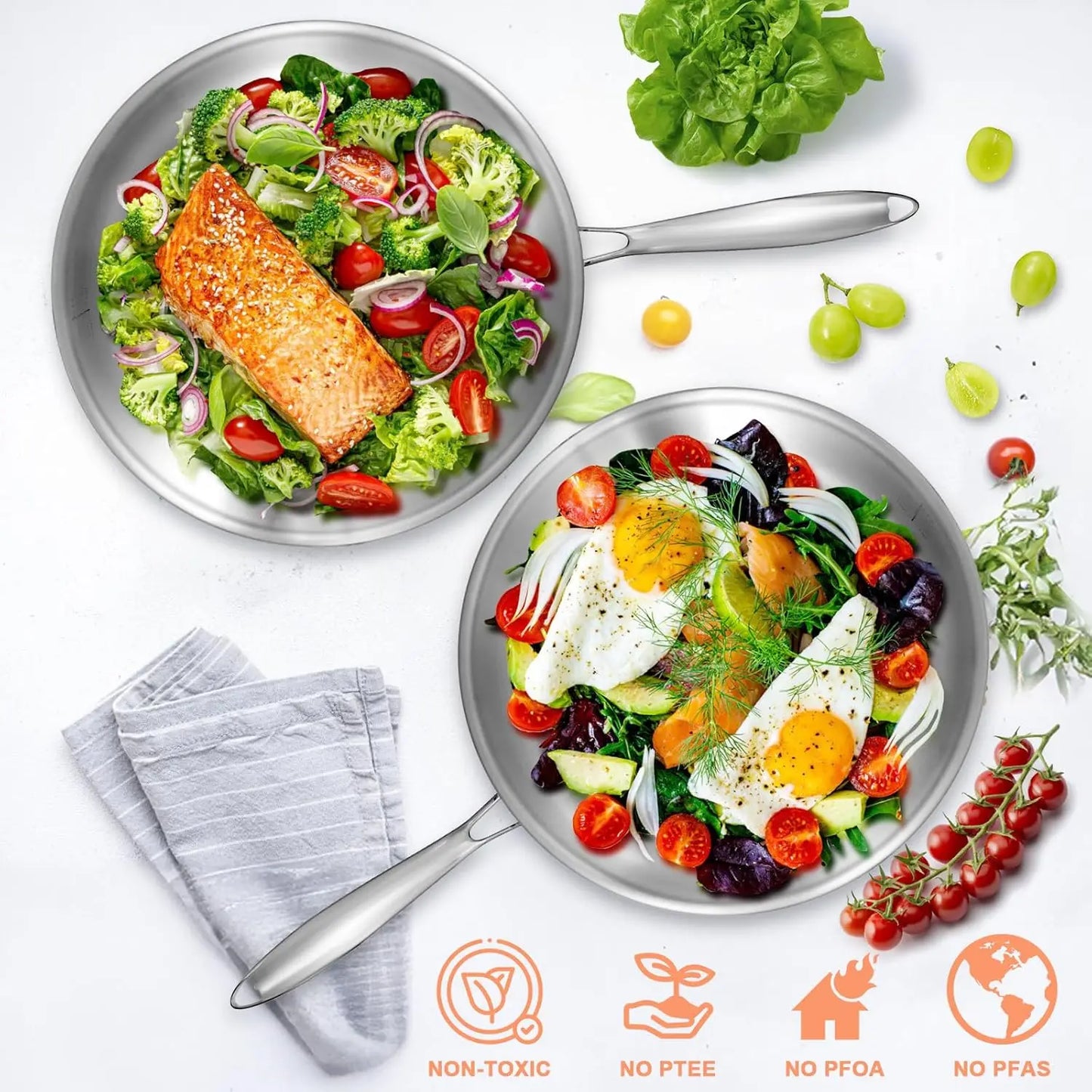 XMSJ Tri Ply Stainless Steel Frying Pan Deep Induction Compatible Oven and Dishwasher Safe