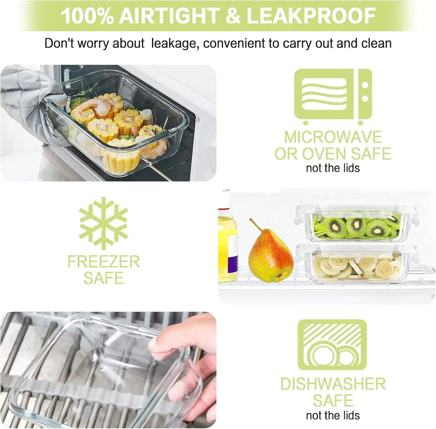 Glass Food Storage Containers 10 Piece Set Airtight Leakproof For Meal Prep Bento