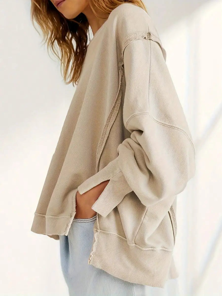 Women Long Sleeve Casual Top Striped Crew Neck Loose Fit Pullover Side Slits Polyester