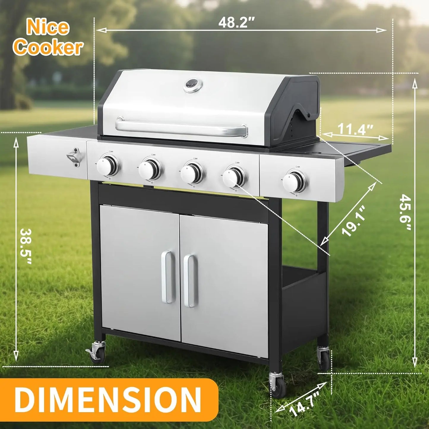 4 Burner Propane Gas BBQ Grill With Side Burner 46890 BTU Stainless Steel