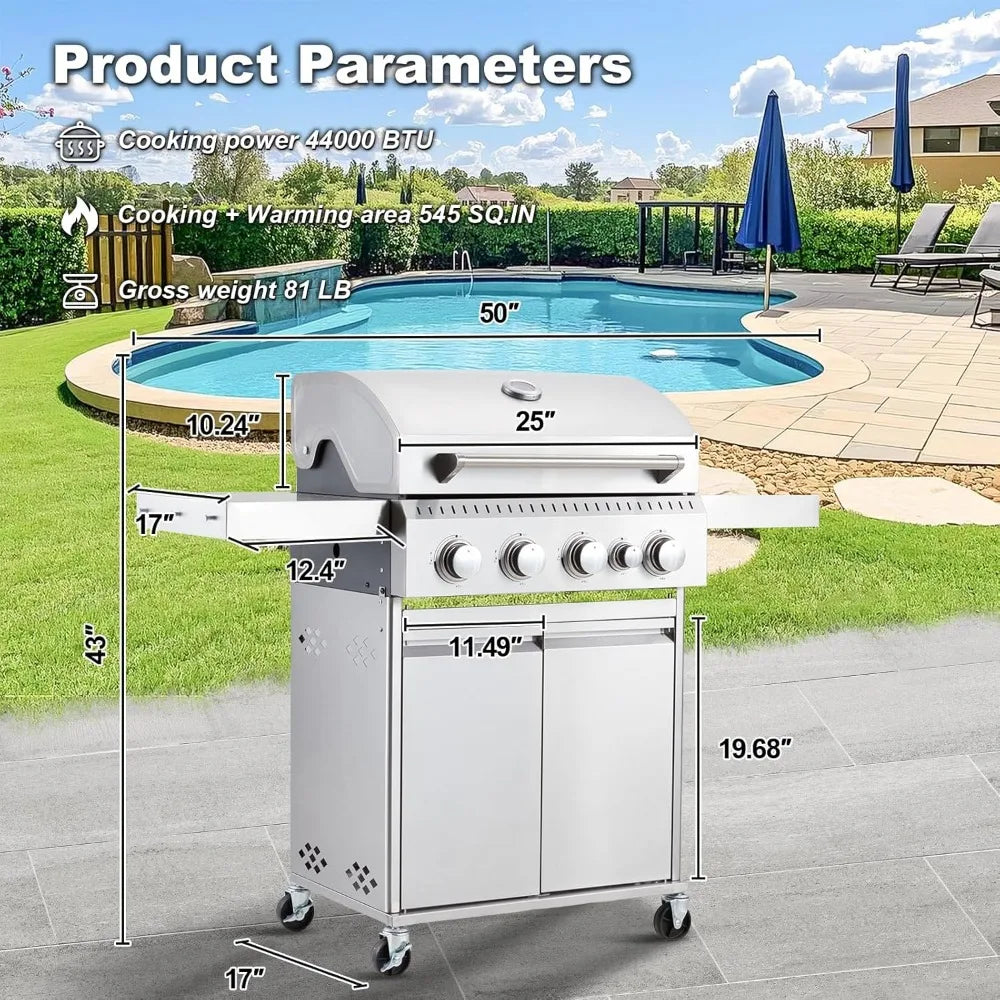 Stainless Steel 4 Burner Propane Grill With Cast Iron Grates