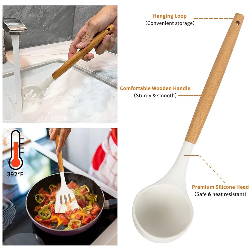 Shunmaii Silicone Spatula Kitchen Utensil Set Wooden Handles Non Stick