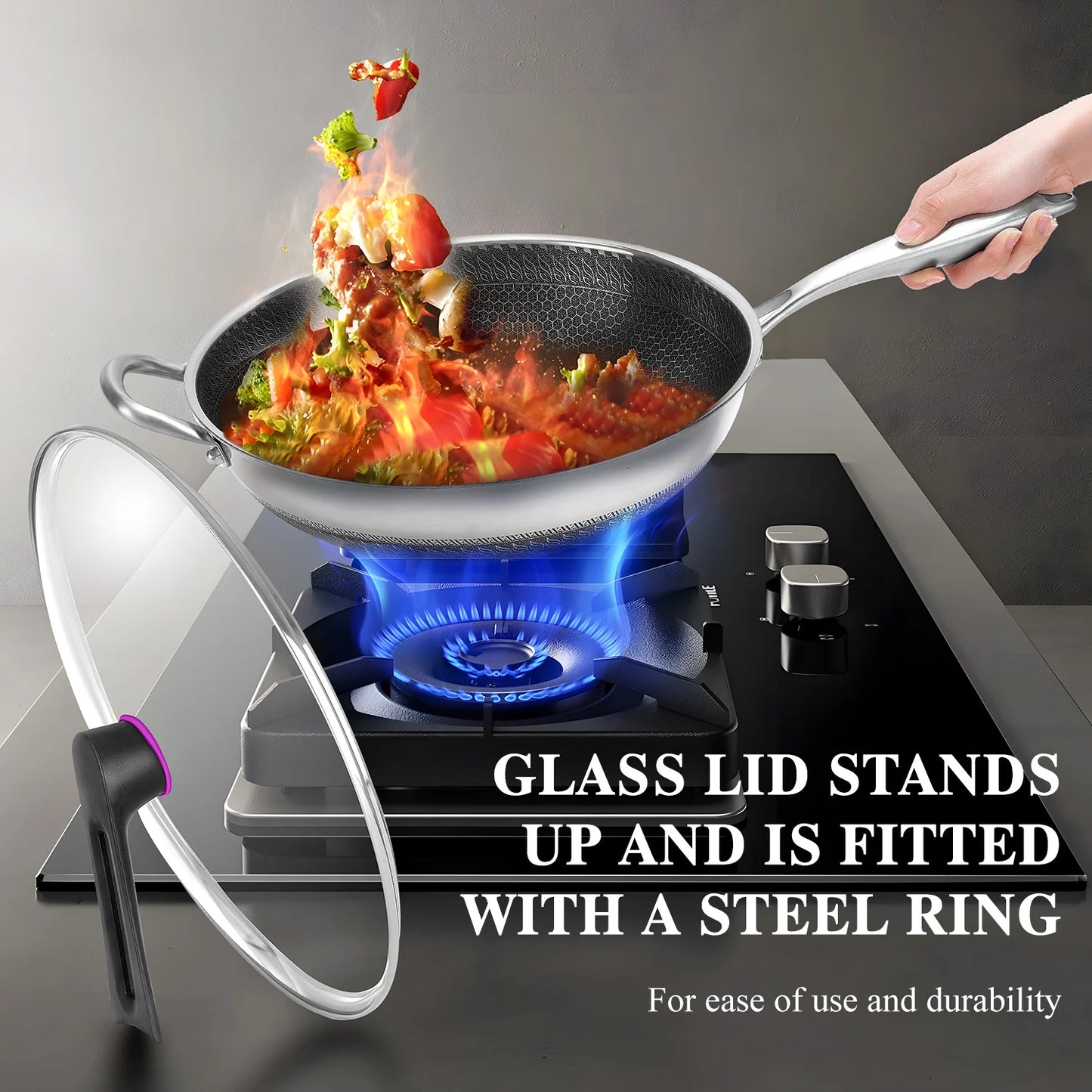 Hybrid Nonstick Wok Pan With Lid PFOA Free Stainless Steel