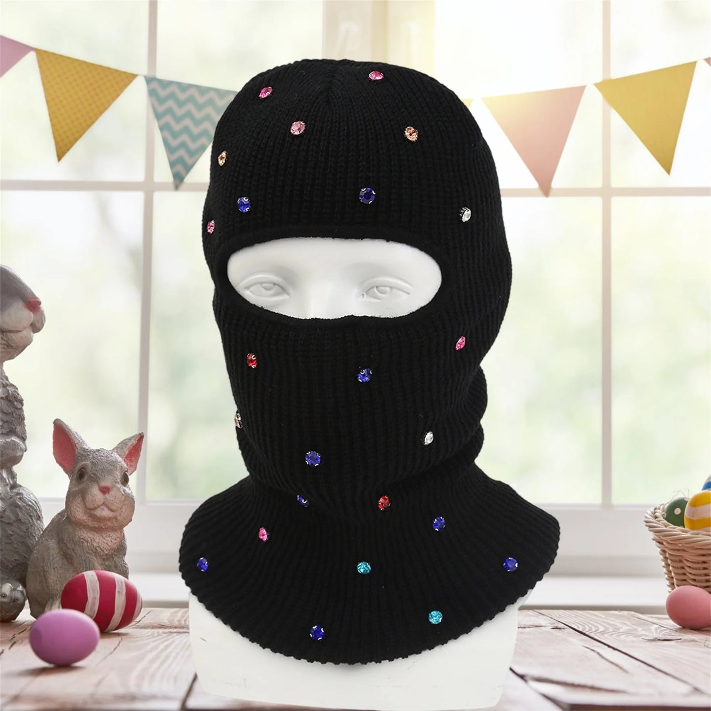 NONECN Winter Crystal Embellished Cozy Fleece Lined Balaclava