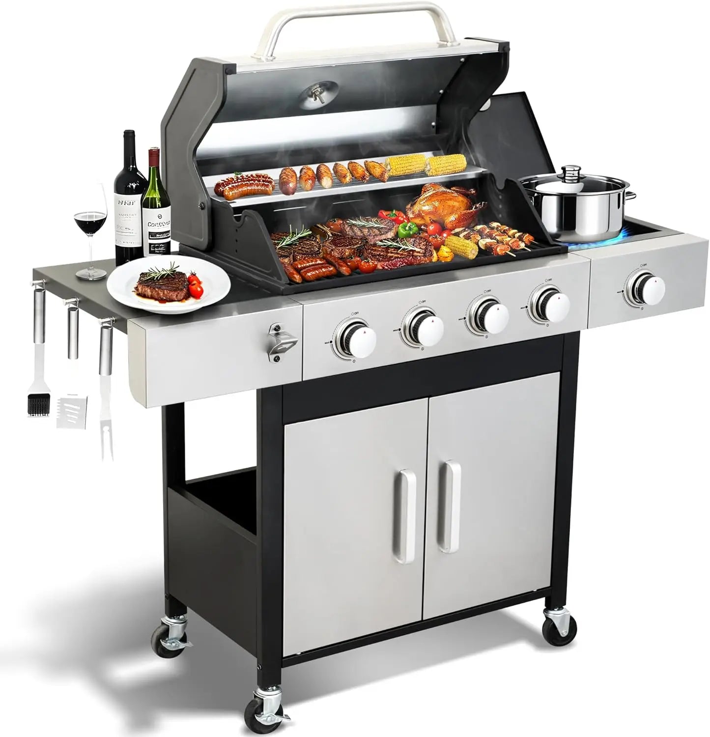 4 Burner Propane Gas BBQ Grill With Side Burner 46890 BTU Stainless Steel