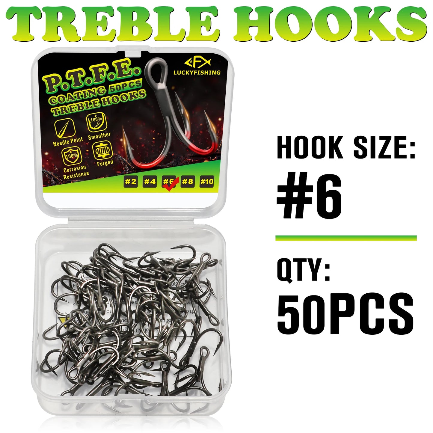 DOVESUN Treble Hooks PTFE Coating 50pcs Saltwater Freshwater