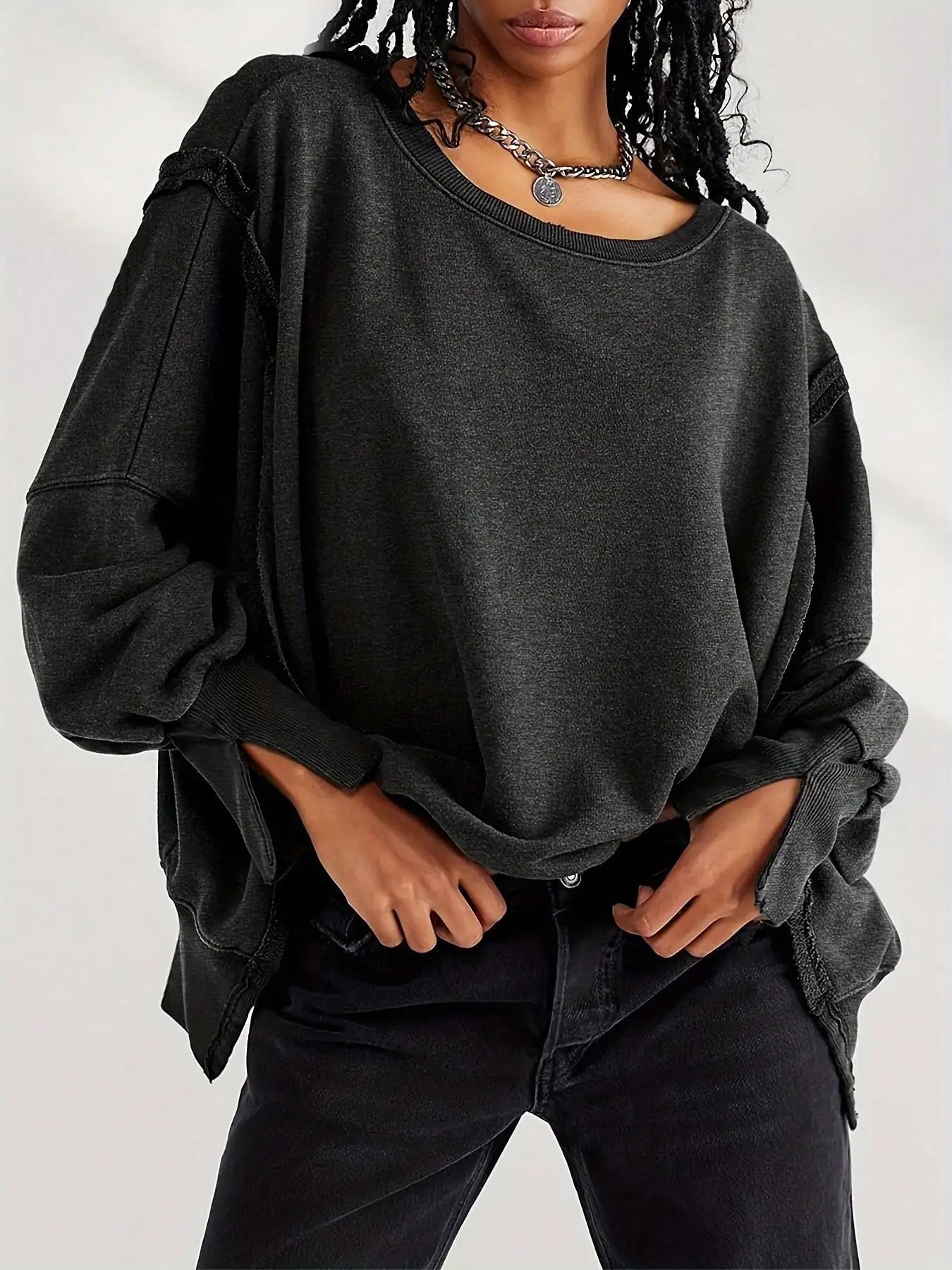 Women Long Sleeve Casual Top Striped Crew Neck Loose Fit Pullover Side Slits Polyester