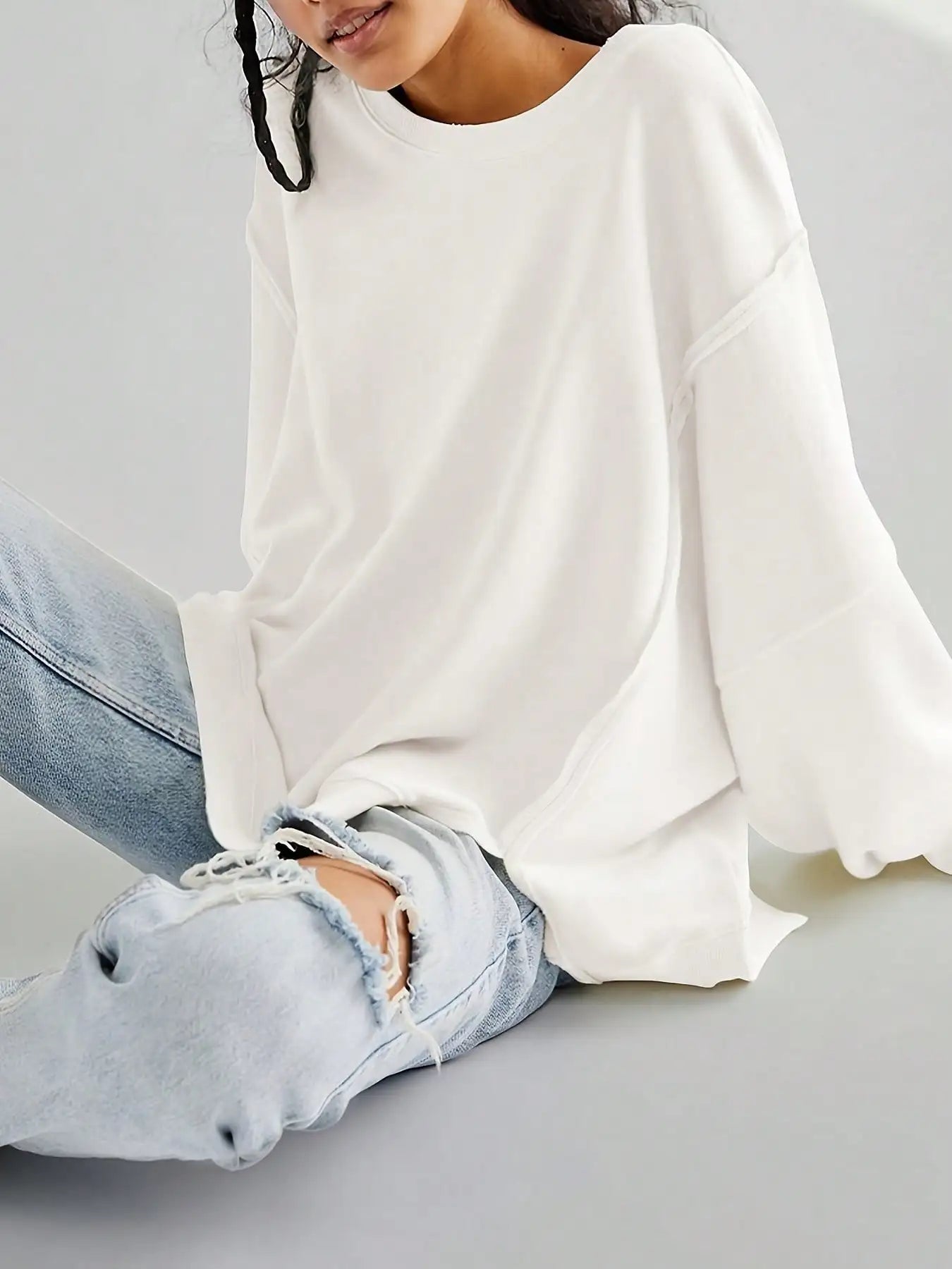 Women Long Sleeve Casual Top Striped Crew Neck Loose Fit Pullover Side Slits Polyester